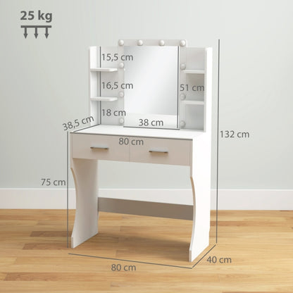 Make-up Tafel – Vanity Table – Dressing Table – Make-up Bureau – Schoonheidstafel – Wit – Compact Ontwerp – Stevig Metalen Frame – Lage Hoogte – 2 Lades & Open Planken