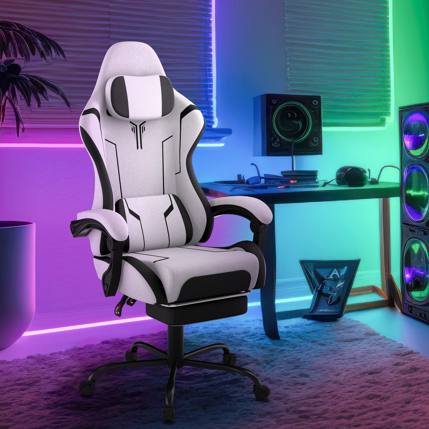Ergonomic Gaming Chair with Massage Function - Adjustable Height, 135° Tilt, Lumbar Support, Headrest, Armrests & Footrest - White & Black Modern Design, Steel Frame, PU & Upholstery, 150kg Load Capacity, Sleek Office Furnit
