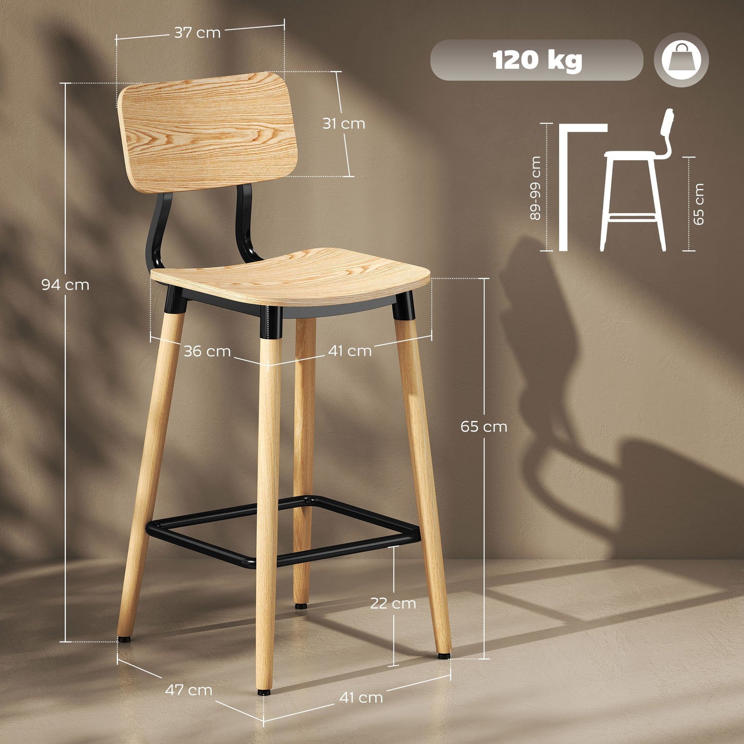 Barkrukken – Barkruk Set – Barstoelen – Keukenstoelen – Hoge Stoelen – Lichtbruine Houten Zitting – Stevig Metalen Frame – Comfortabele Rugleuning