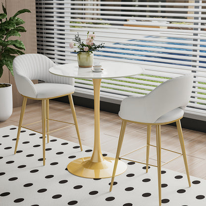 Ronde Bartafel – Hoge Tafel – Statafel – Bar Tafel – Café Tafel – Wit Gesinterd Steen – Gouden Metalen Onderstel – 76 cm Diameter – 100 cm Hoogte