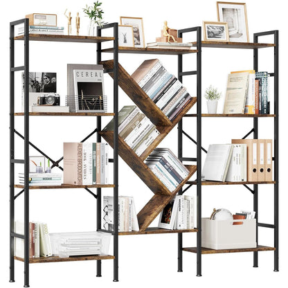 Triple 5 Tier Shelf Bookshelf | Rustic Wooden and Metal Display Book Shelf, Wide Bookcase, Adds Character to Your Room, Bedroom, Living Room, Home & Office Shelving, Brown, Freestanding, Assembly Required, TACKVIEW