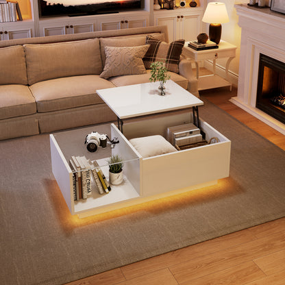 Modern Adjustable Height Coffee Table with Hidden Storage & Shelves - Heavy-Duty Metal Construction, High-Gloss Finish, Space-Saving Design with Lower Shelf & Openable Compartment, Easy Assembly, Contemporary Living Room Furn