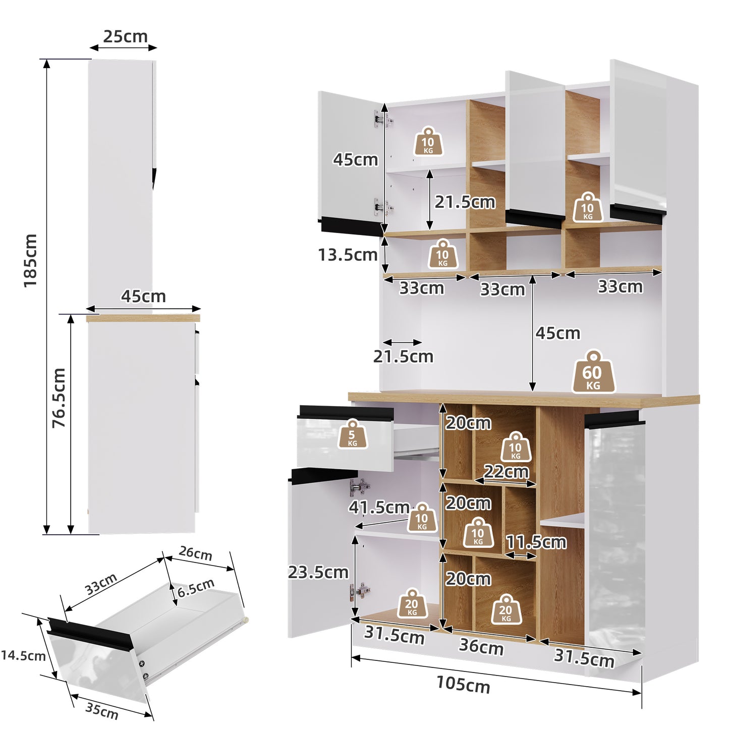Buffetkast – Hoge Kast – Opbergkast – Dressoir – Keukenkast – Hoogglans Wit – Zwarte Metalen Handgrepen – 185 cm Hoog – Verstelbare Planken & Anti-Kantelbeveiliging