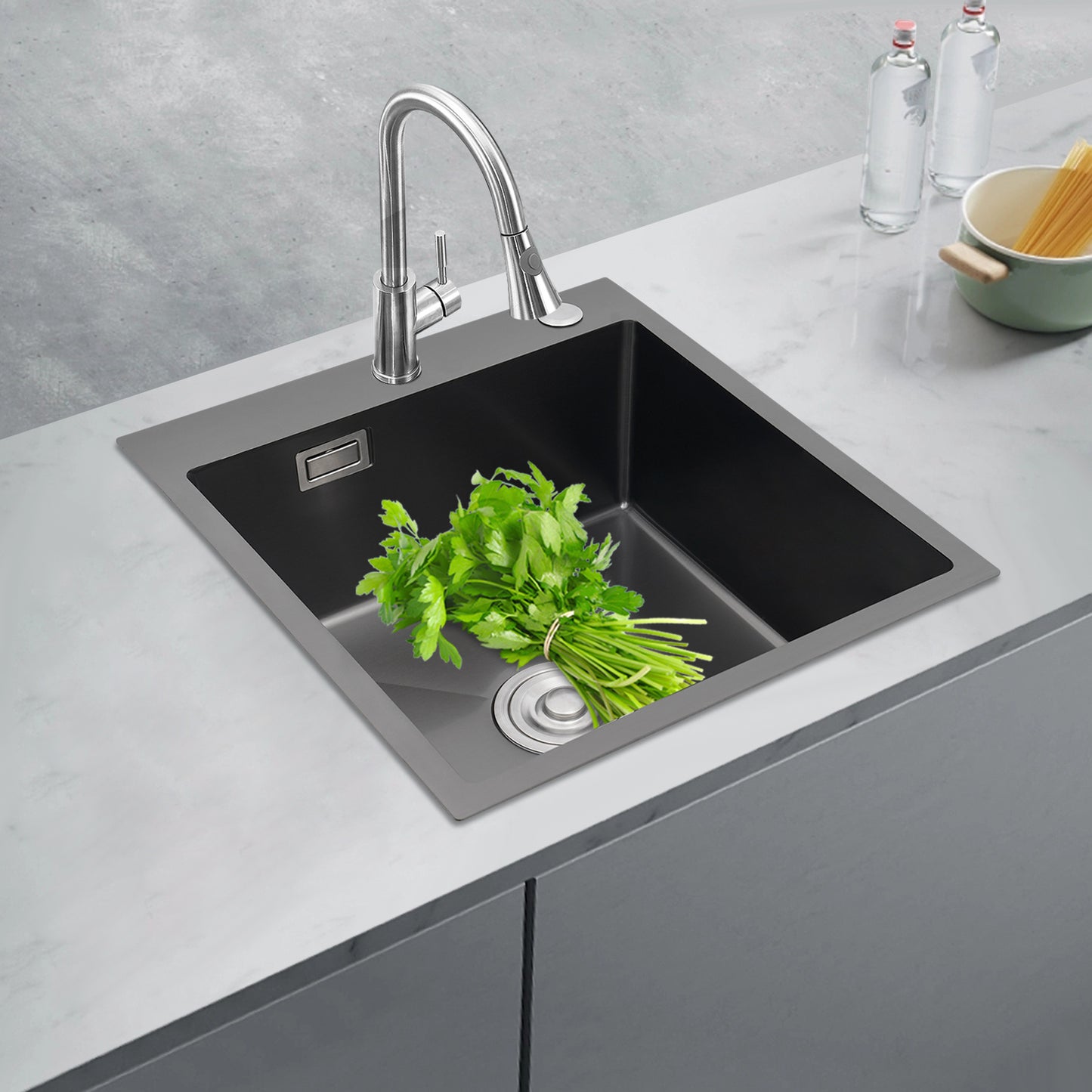 RVS Keukenspoelbak – Spoelbak RVS – Inbouw Spoelbak – Werkblad Spoelbak – Enkele Kom – 201 Roestvrij Staal – Anti-Overloop Ontwerp – Geluidsisolatie – 50x45x20 cm – Geborstelde Afwerking