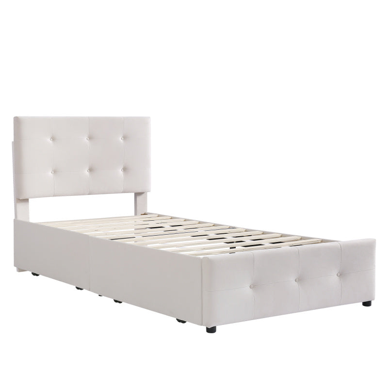 Bedbank – Slaapbank – Logeerbed – Eenpersoonsbed – Bed – Lichtbeige Gestoffeerd – Lattenbodem – 2 Grote Opberglades
