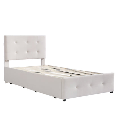 Bedbank – Slaapbank – Logeerbed – Eenpersoonsbed – Bed – Lichtbeige Gestoffeerd – Lattenbodem – 2 Grote Opberglades