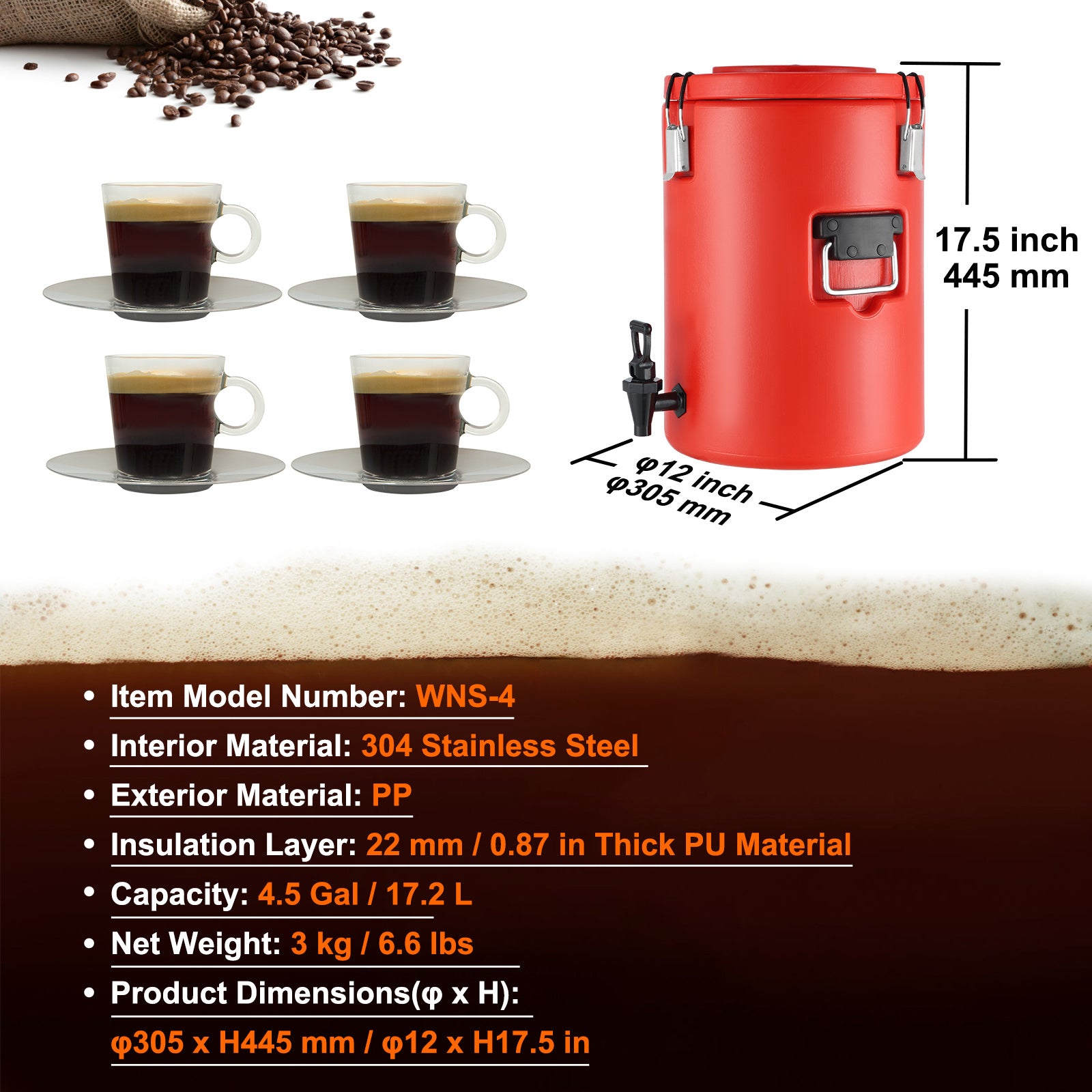 Grote Drankendispenser – Isolerende Dispenser – Thermoskan – Koffiedispenser – 17,2 Liter – Roestvrij Staal – 10 Uur Warmtebehoud - QUORE