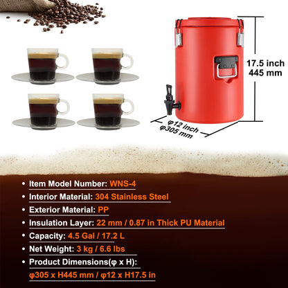 Grote Drankendispenser – Isolerende Dispenser – Thermoskan – Koffiedispenser – 17,2 Liter – Roestvrij Staal – 10 Uur Warmtebehoud - QUORE