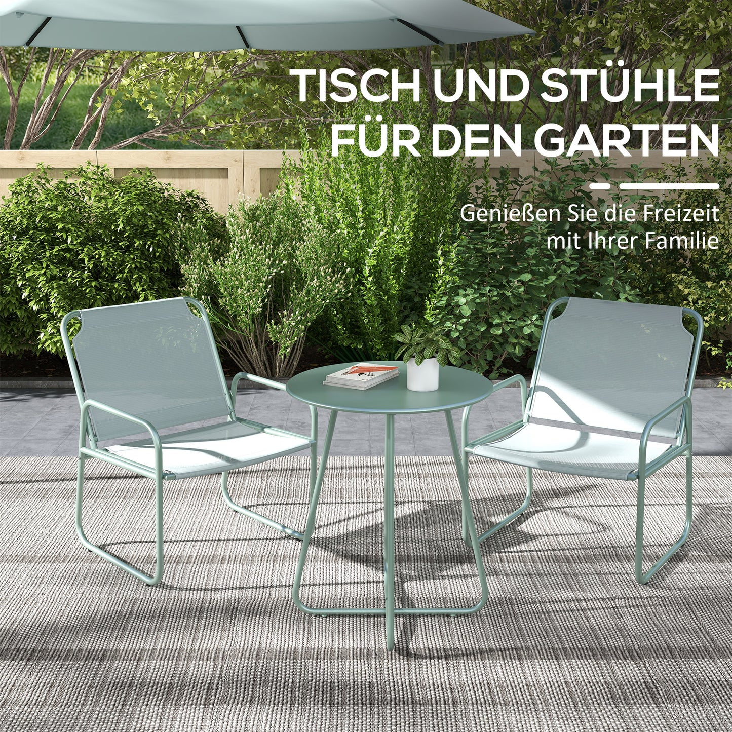 Tuinset – Tuinmeubelset – Bistroset – Balkonset – Tuinstoelen – 3-delig – Ademend Stoffering – Ronde Tafel Ø60 cm – Groen