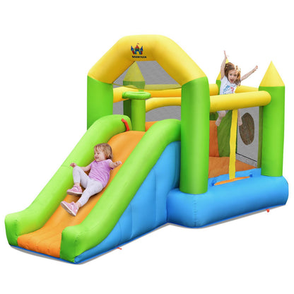 Springkasteel – Springkussen – Opblaasbaar Kasteel – Bouncer – Speelhuisje – Met Glijbaan & Ballenbad – Duurzaam Oxford Stof – Inclusief Basketbalring & Reparatiesetje 477x241x208 cm
