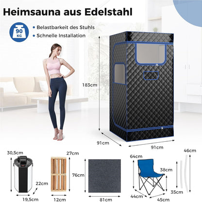 Stoomsauna – Home Sauna – Sauna Tent – Draagbare Sauna – Persoonlijke Sauna – Incl. 3L Stoomgenerator – Inklapbare Stoel & Voetmassager – Zwart – Compact 91x91x183 cm