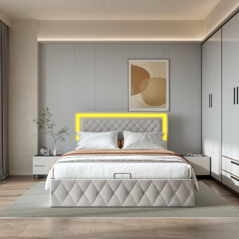 Tweepersoonsbed – Opbergbed – Slaapbank – Bedframe – Boxspring – Hydraulisch Hefmechanisme – Verstelbare LED-verlichting – 160x200 cm – Beige – Stof Bekleed