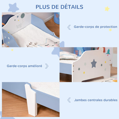 Kinderbed – Peuterbed – Vloerbed – Bed Voor Kinderen – Kinderbed Met Spijlenbodem – Laag Kindvriendelijk Bed – Sterrenprint Blauw Wit – 143x74 cm – Veilig En Duurzaam MDF
