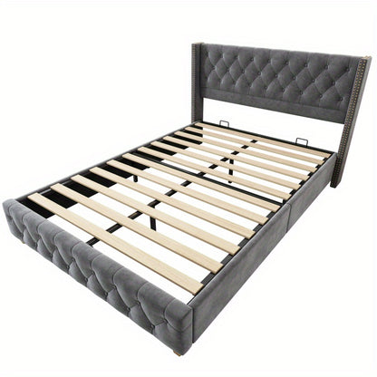 Gestoffeerd Bed – Velvet Bed – Eenpersoonsbed – Slaapbed – Lattenbodem Bed – Grijze Velvet Bekleding – 140 x 190 cm – Stevig Met Klinknagel Afwerking
