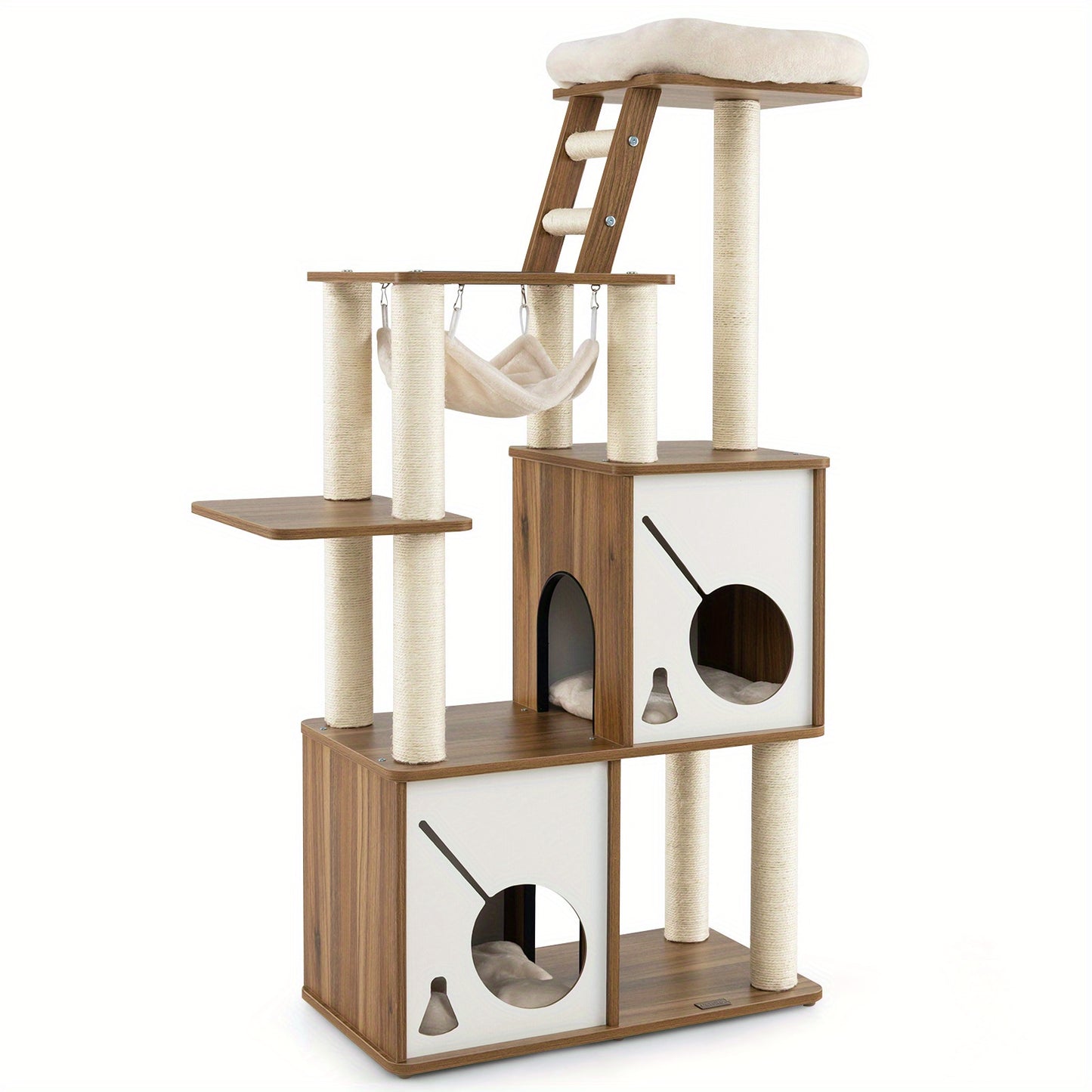 Krabpaal – Kattenboom – Kattenhuis – Krabmeubel – Kattentoren – 145 cm Hoog – Sisal Beklede Krabpalen – Afneembaar Wasbaar Bovenplatform en Huisjes