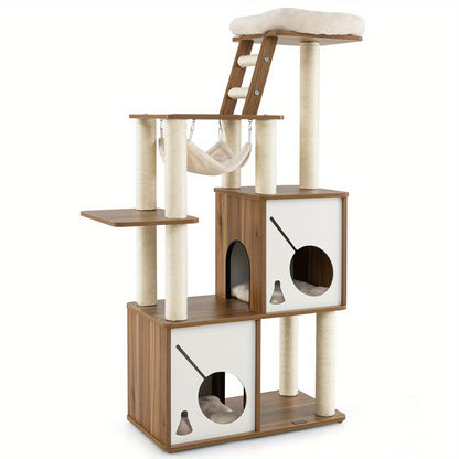 Krabpaal – Kattenboom – Kattenhuis – Krabmeubel – Kattentoren – 145 cm Hoog – Sisal Beklede Krabpalen – Afneembaar Wasbaar Bovenplatform en Huisjes