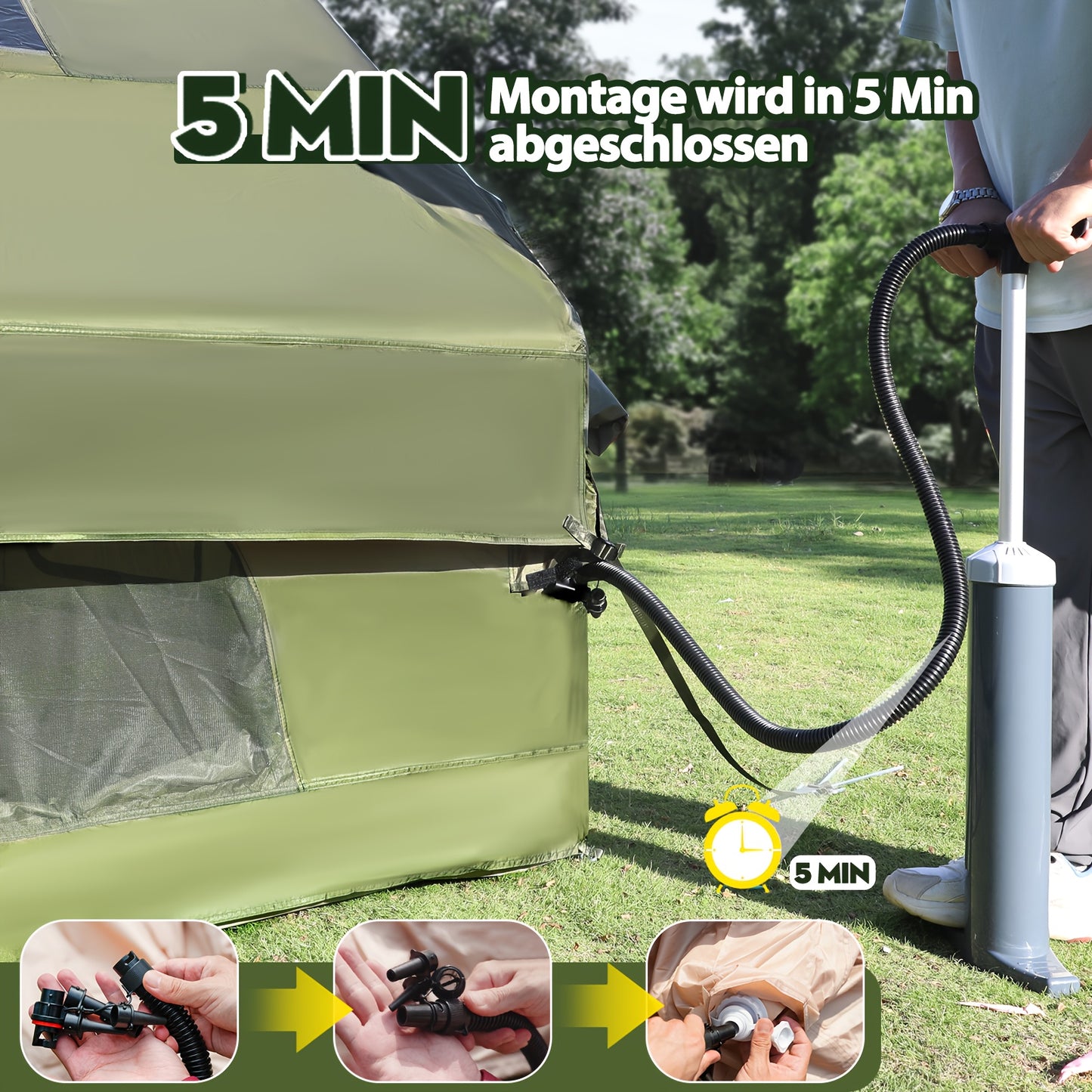 Opblaasbare Tent – Lucht Tent – Kampeertent – Festival Tent – Familietent – Militair Groen 3x2,1m – Snelle Installatie met Handpomp – Duurzaam 420D Oxford Materiaal