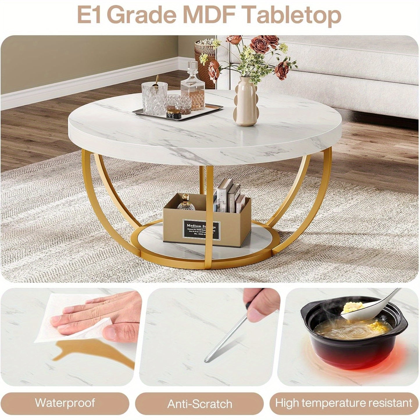 Salontafel – Koffietafel – Woonkamertafel – Bijzettafel – Tafel – Modern – Ronde 2-laags – Wit marmerlook MDF blad – Gouden metalen poten