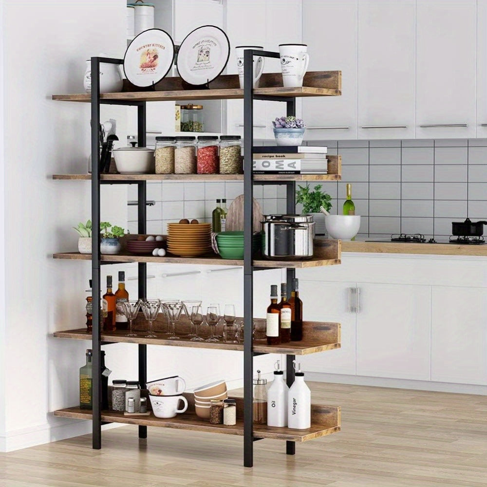 Industrieel Boekenkast – Open Kast – Opbergrek – Boekenplank – Stellingkast – Vintage Bruin – Stalen Frame – 5 Laags Met Kunststof Hout – Compact En Vrijstaand – Eenvoudige Montage