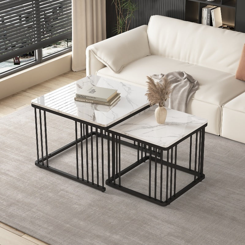 Koffietafel Set – Salontafel – Bijzettafel – Lounge Tafel – Woonkamertafel – Hoogglans Marmerlook – Verstelbare Pootjes – Metaal – 2-delig – 60x60x45 & 45x45x40 cm
