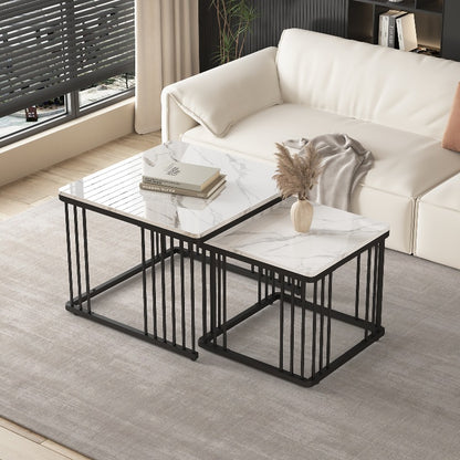 Koffietafel Set – Salontafel – Bijzettafel – Lounge Tafel – Woonkamertafel – Hoogglans Marmerlook – Verstelbare Pootjes – Metaal – 2-delig – 60x60x45 & 45x45x40 cm