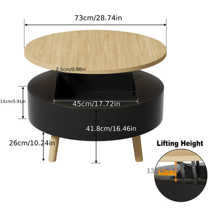 Salontafel – Woonkamer Tafel – Bijzettafel – Koffietafel – Sofa Tafel – Verstelbare Hoogte – Verbergde Opbergruimte – Rond – Zwart – 73x73x44,3 cm – Stevig Metaalframe