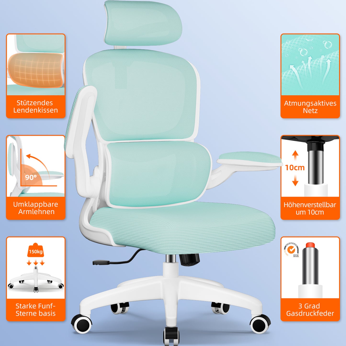 Office Chair with Adjustable Headrest, Armrests, and Lumbar Support, Load Capacity up to 150 kg
