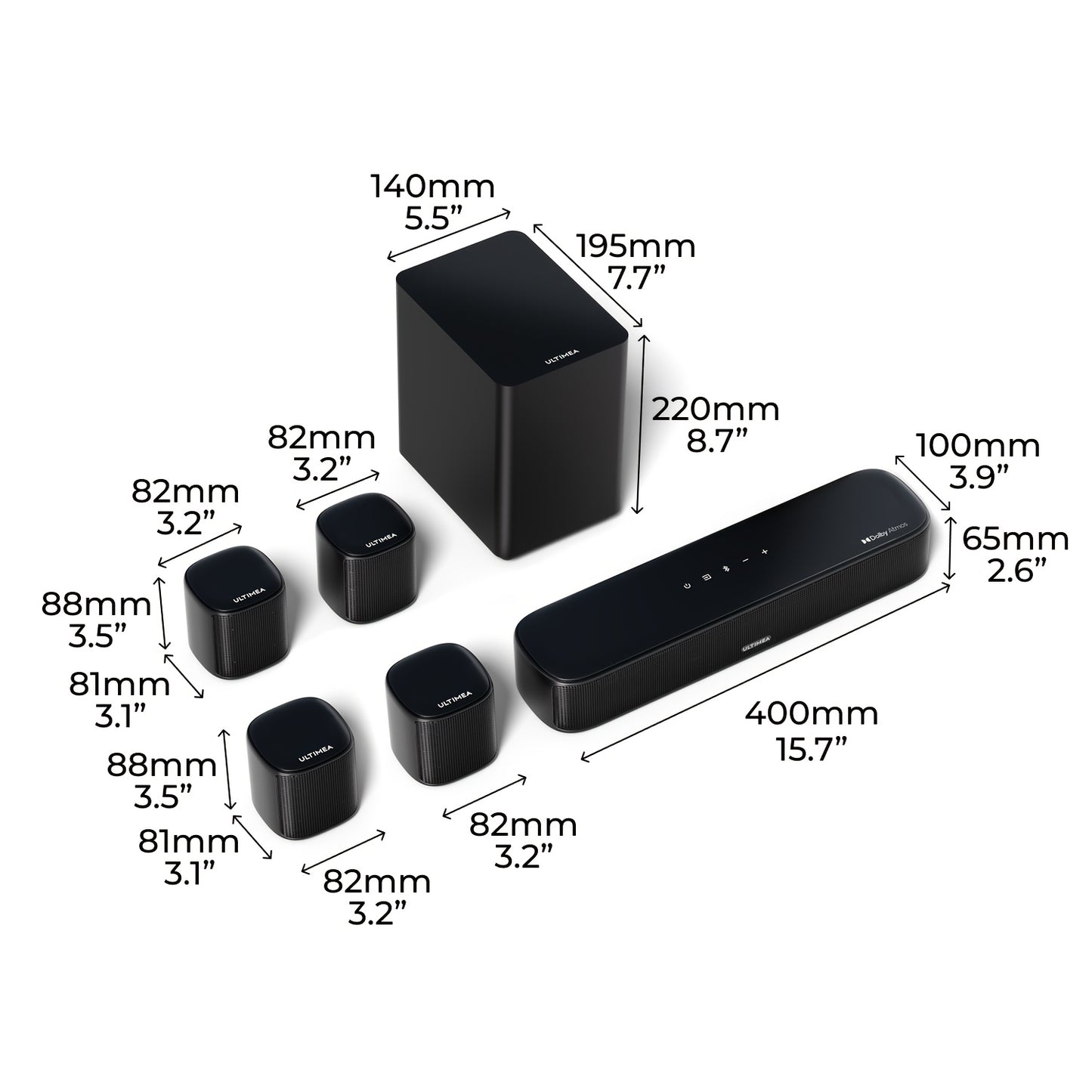 7.1 Kanaals Surround Sound Set – Home Theater Systeem – Soundbar – Dolby Atmos Speaker – Draadloos Surround Systeem – Draadloze Speakers – HD-eARC Aansluiting – App Bediening