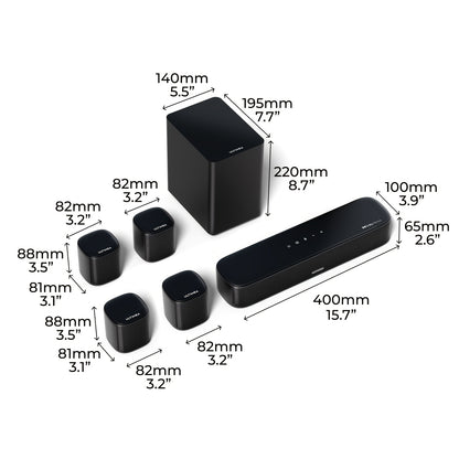7.1 Kanaals Surround Sound Set – Home Theater Systeem – Soundbar – Dolby Atmos Speaker – Draadloos Surround Systeem – Draadloze Speakers – HD-eARC Aansluiting – App Bediening