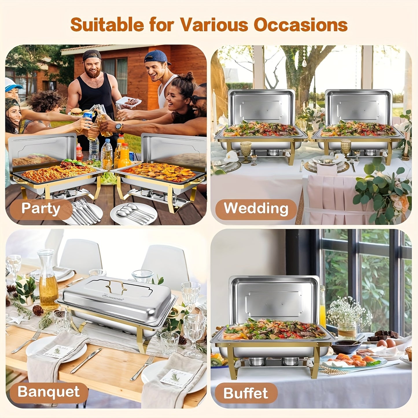Golden Chafing Dish Buffet Set, 8QT High Grade Chafing Dishes for Buffet, Chafers and Buffet Warmers Sets for Wedding, Rolled-Edge Design, Only For Cooking