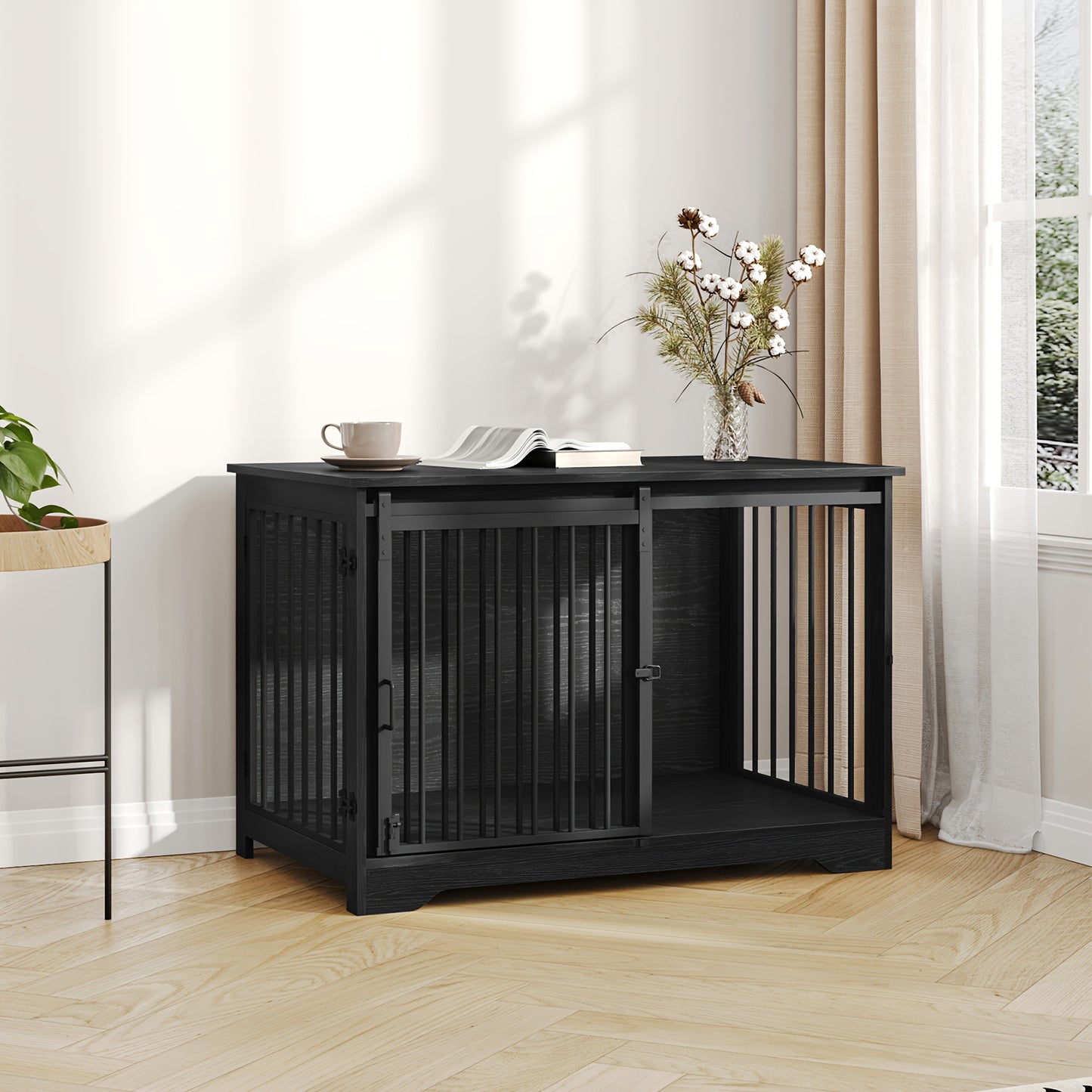 Houten Hondenbench – Hondenhok – Hondenkooi – Hondenbench Binnen – Hondenkennel – Zwarte Houten Bench – Dubbele Deuren – Verstevigd Slot