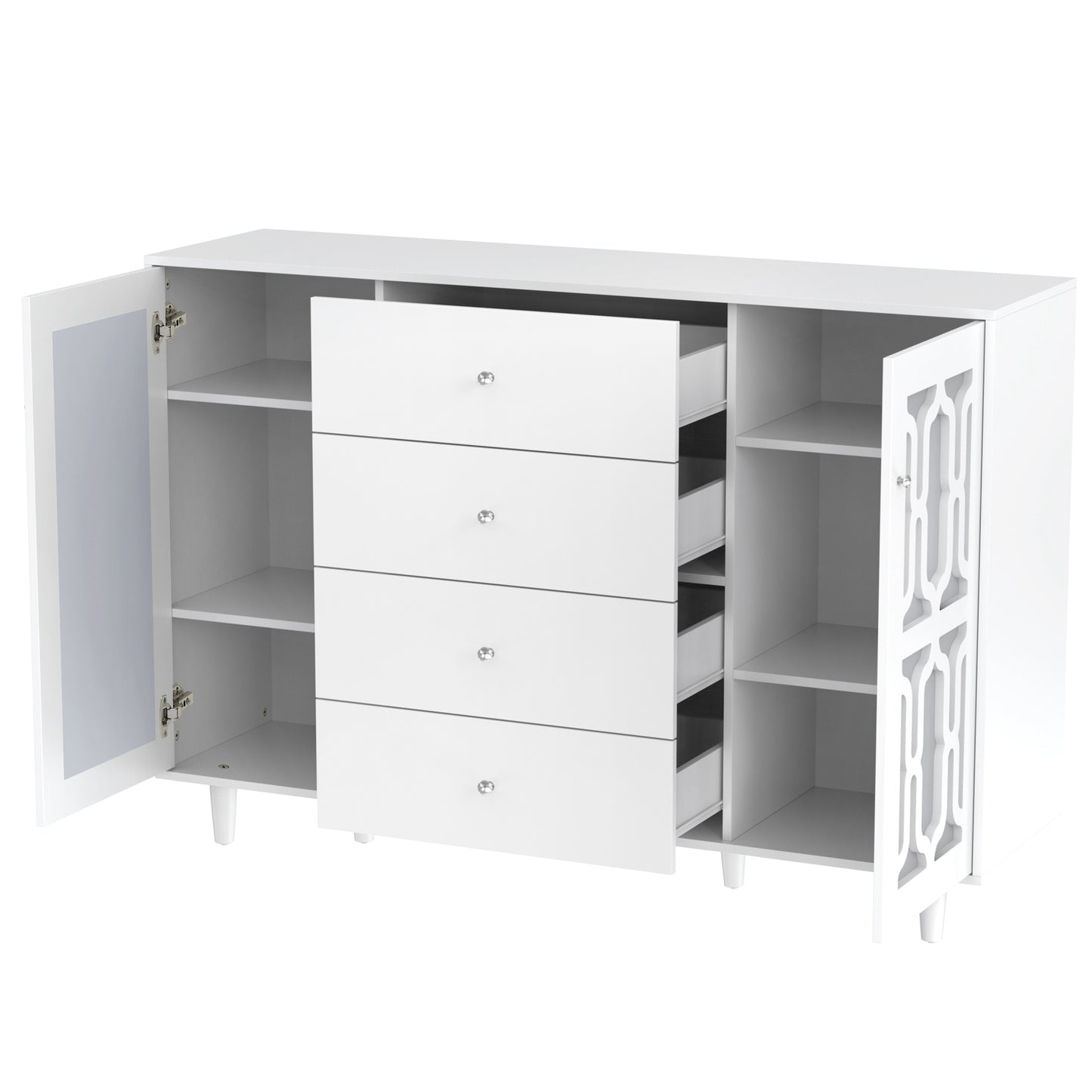 Dressoir – Sideboard – Opbergkast – Ladekast – Witte Spiegeldeuren – Kristalgrepen – 147,5x40x102 cm – Verstelbare Binnenplanken