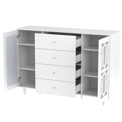 Dressoir – Sideboard – Opbergkast – Ladekast – Witte Spiegeldeuren – Kristalgrepen – 147,5x40x102 cm – Verstelbare Binnenplanken