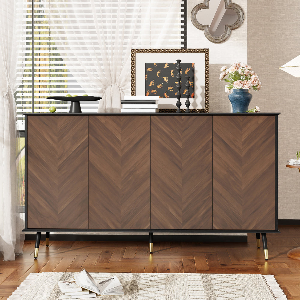 Dressoir – Opbergkast – Kast – Ladekast – Wandkast – Modern Design – Verstelbare Planken – Metalen Poot – Bruin Visgraat – Ruimtebesparend – Duurzaam