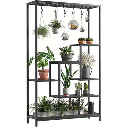 Plantenrek – Plantenstandaard – Bloemenrek – Plantenhouder – Groene Wand – 5-Lagen Met 6 Haakjes – Robuust Metalen Frame Met Houten Planken – 180 cm Hoog Met Stabiele Voet
