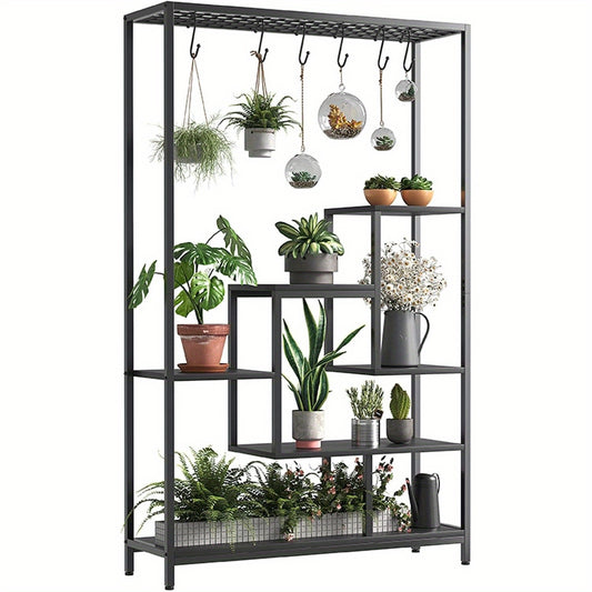 Plantenrek – Plantenstandaard – Bloemenrek – Plantenhouder – Groene Wand – 5-Lagen Met 6 Haakjes – Robuust Metalen Frame Met Houten Planken – 180 cm Hoog Met Stabiele Voet