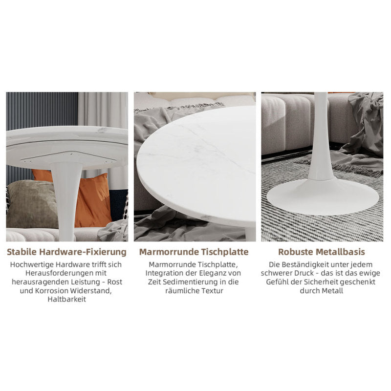 Ronde Tafel – Eettafel – Salontafel – Bijzettafel – Werktafel – Kunstmarmer Blad – 70 cm Diameter – Wit Met IJzeren Poot – Geen Montage Nodig