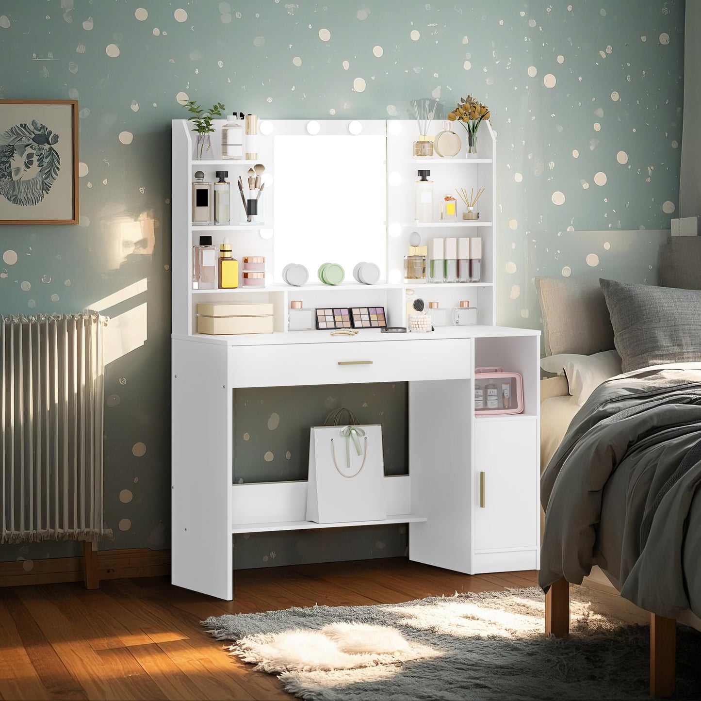 Make-up Tafel – Kaptafel – Dressoir – Sieradendoos – Make-up Kast – Witte Make-up Tafel – Ingebouwde LED-verlichting – Ruime Opberglades en Open Vakken