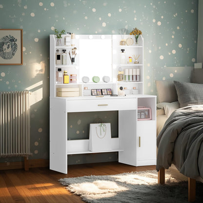Make-up Tafel – Kaptafel – Dressoir – Sieradendoos – Make-up Kast – Witte Make-up Tafel – Ingebouwde LED-verlichting – Ruime Opberglades en Open Vakken