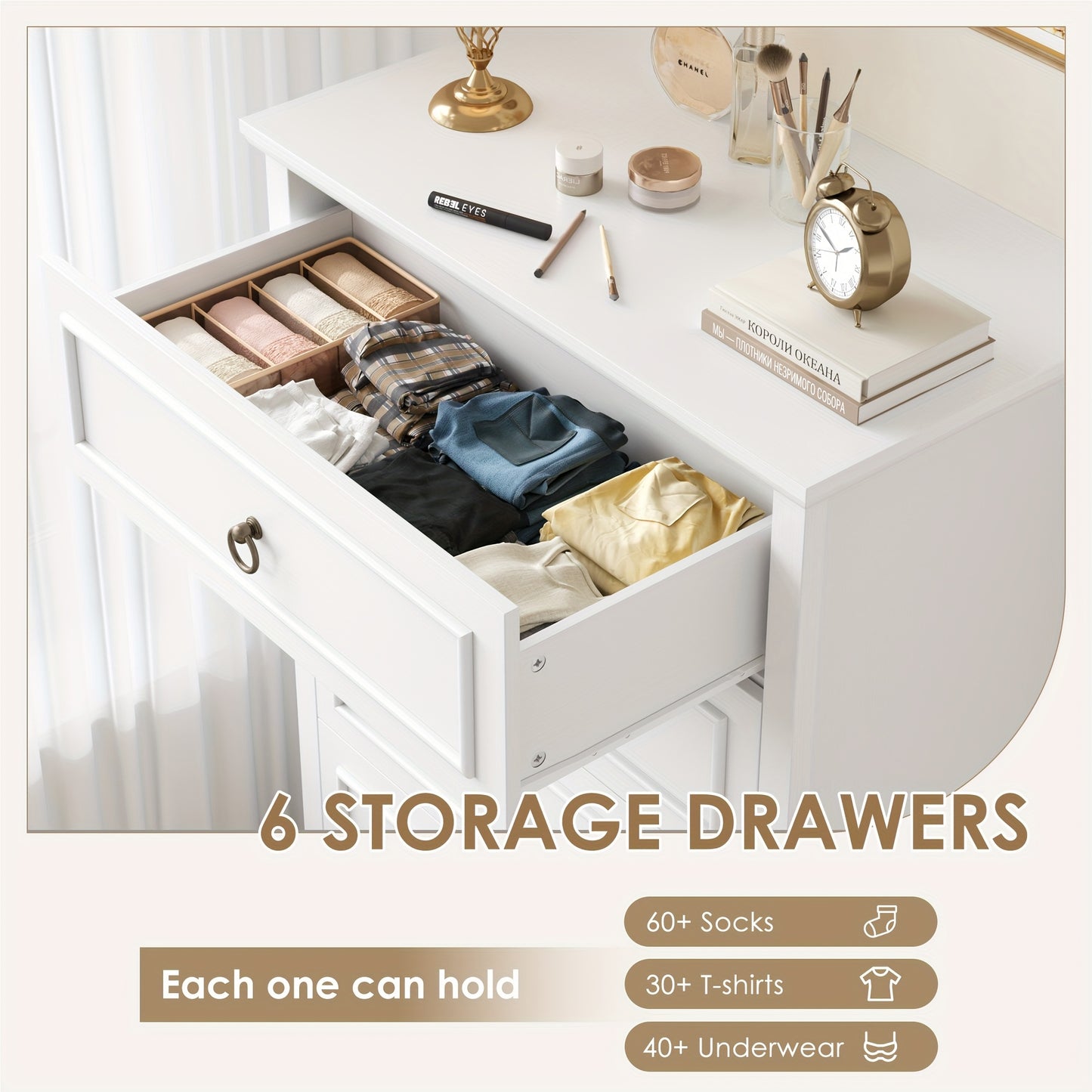 Hoge Ladekast – Commode – Kasten – Opbergkast – Dressoir – Wit Met Houten Nerf – 5 Ruime Lades – Compact En Stevig