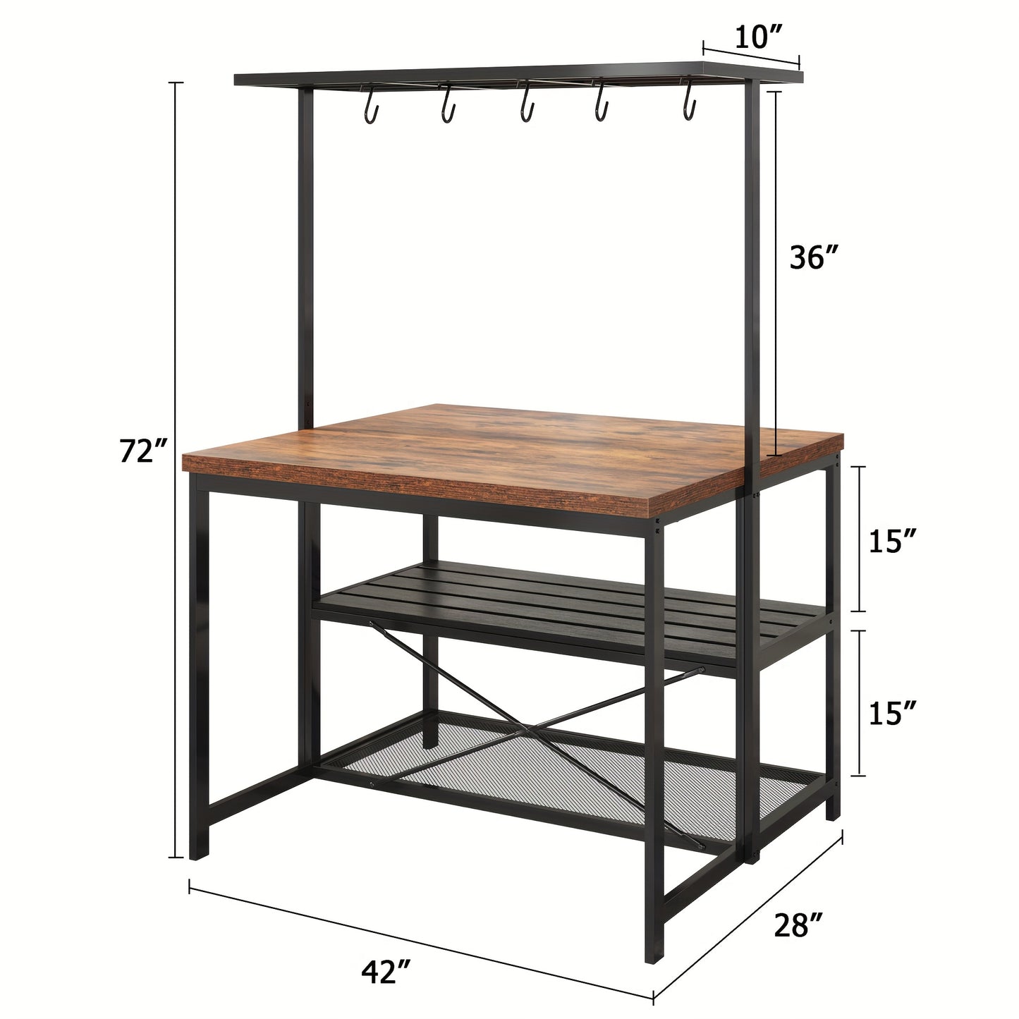 Bakers Rack – Keukenrek – Magnetronstandaard – Opbergrek – Koffiebar – Robuust Metaal – 106 cm Breed – 3-laags Met 5 Haken – Mobiel Met Wieltjes - Bruin