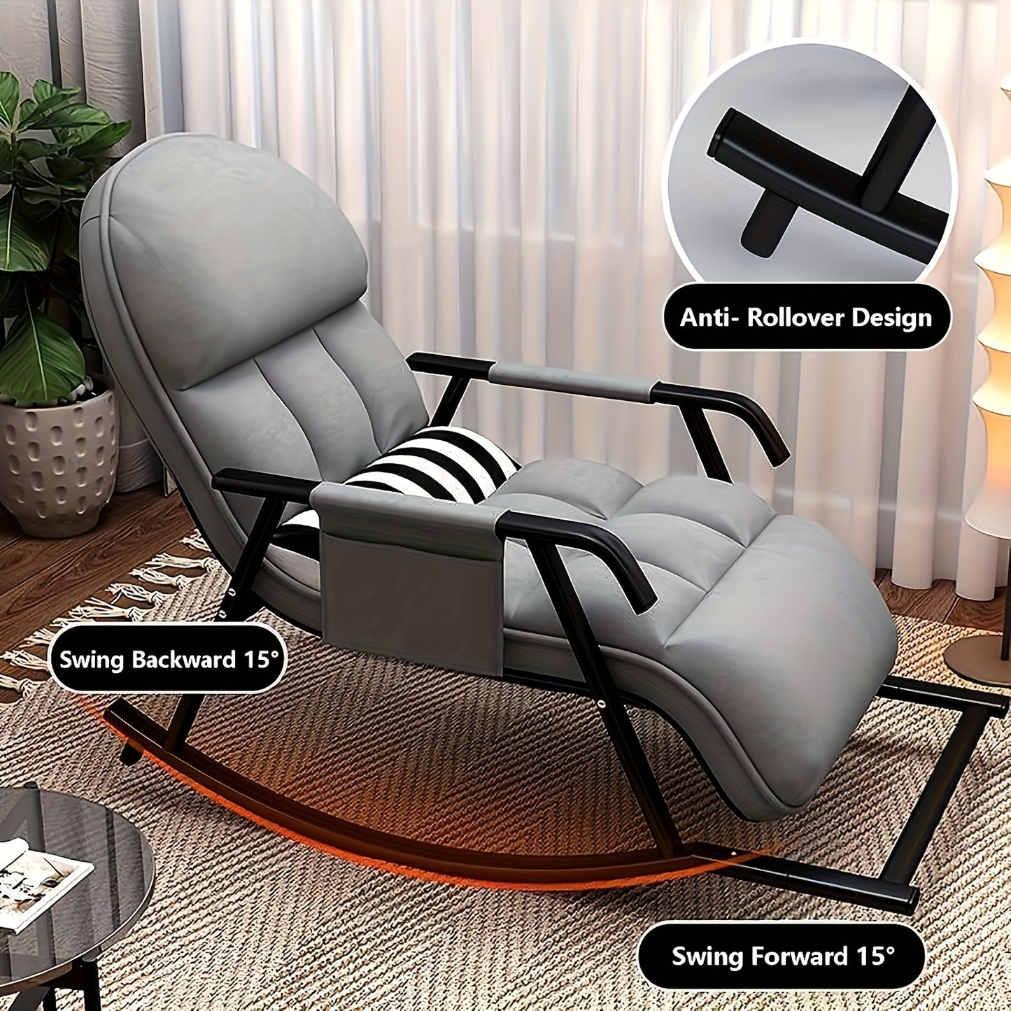 Schommelstoel – Schommelstoel Met Kussens – Draaifauteuil – Relaxstoel – Woonkamerstoel – Grijs – Verstelbare Rugleuning – 100% Katoen Zitting