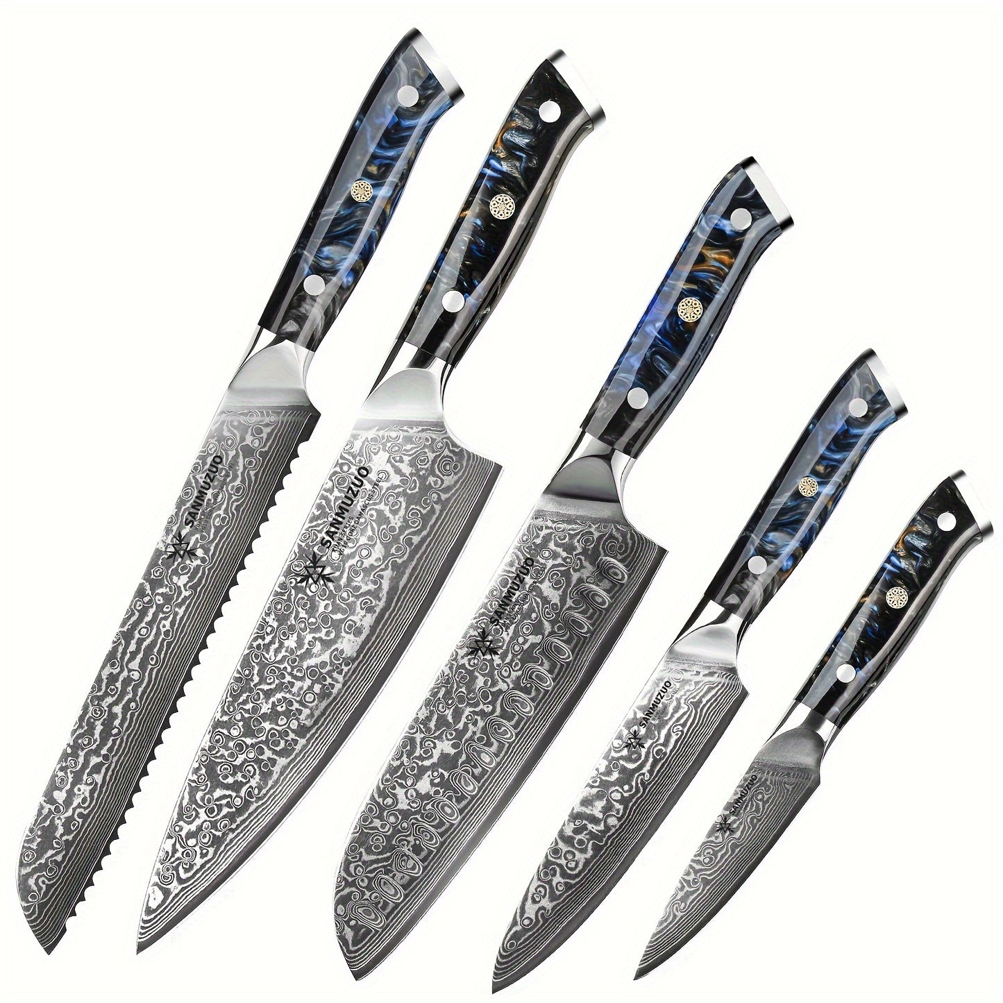 Damascus Chef Cooking Knives Set - Kitchen Knife Set of 5pcs, Ultra Sharp Japanese VG-10 steel with Resin Handle, Professional Kitchen Knife, Sunset Red of Xuan Series