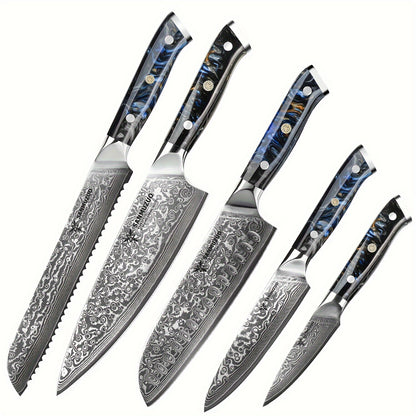 Damascus Chef Cooking Knives Set - Kitchen Knife Set of 5pcs, Ultra Sharp Japanese VG-10 steel with Resin Handle, Professional Kitchen Knife, Sunset Red of Xuan Series