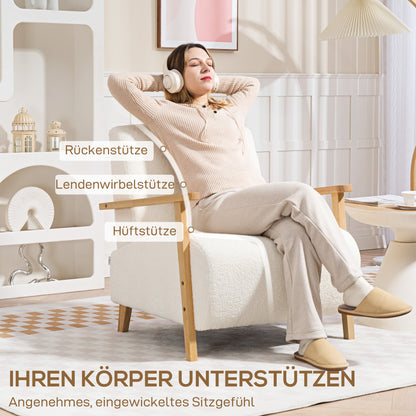 Fauteuil – Armstoel – Loungestoel – Zetel – Relaxstoel – Crème Wit – Sherpa Bekleding – Massief Houten Poten – Max 120 Kg