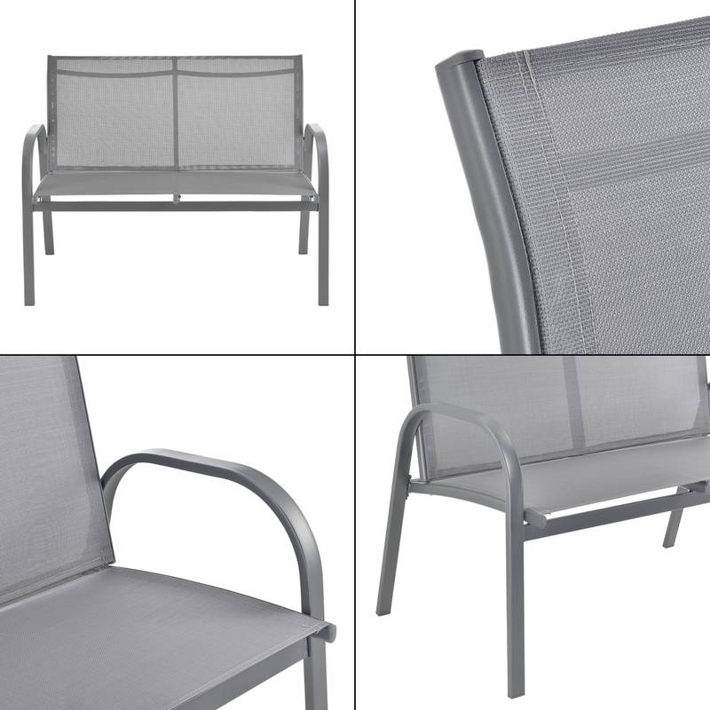 Tuinset – Tuinmeubelset – Bistroset – Loungeset – Balkonset – Stalen Frame – Glasplaat Tafel – Lichtgrijs – 2 Persoons Bank – 2 Stoelen