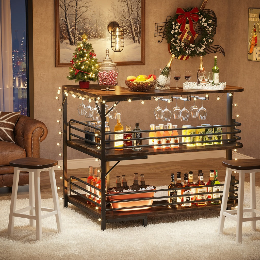 L-vormige Home Bar Cabinet – Hoekbar – Drankkast – Wijnrek – Barmeubel – Ruimtebesparend Hoekontwerp – Stevig Ge-engineerd Hout Met Glasrek