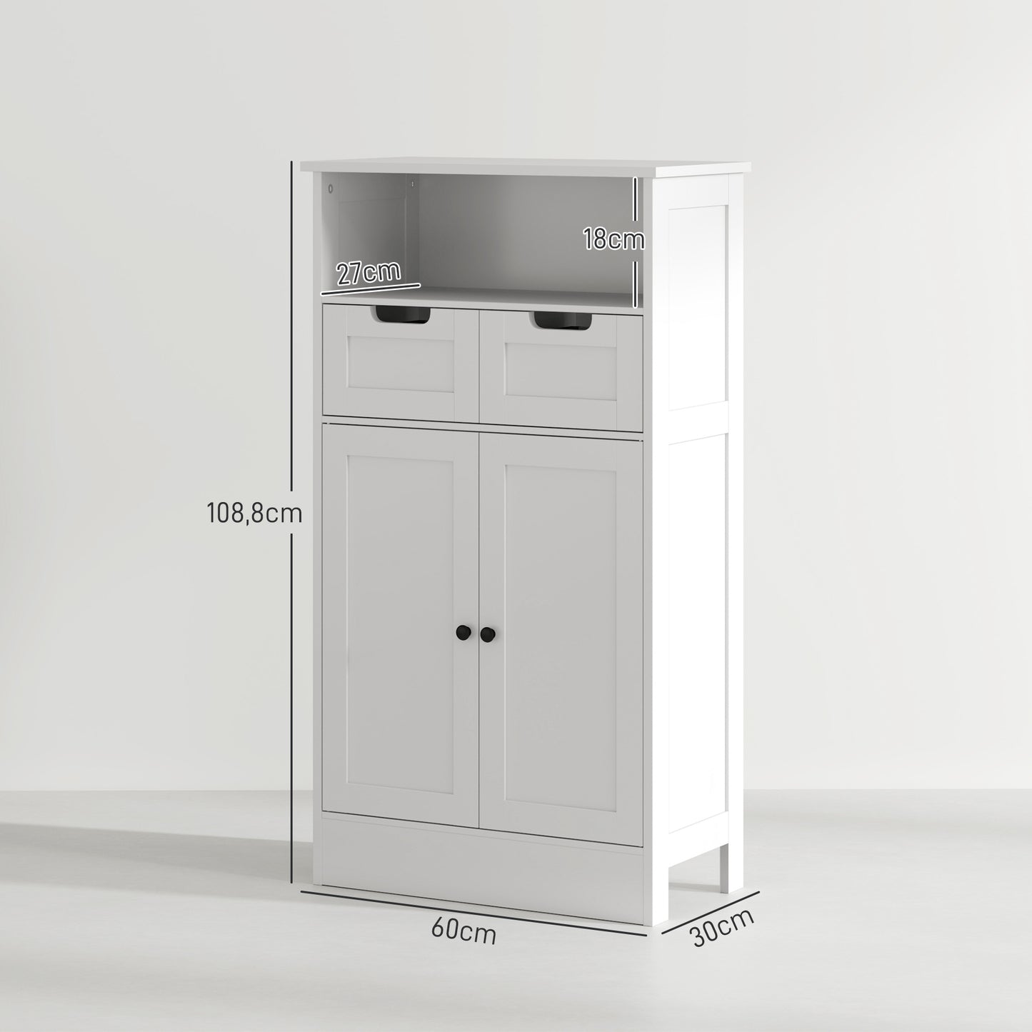 Bathroom Cabinet with 2 Drawers, Door, 60 x 30 x 109 cm, White