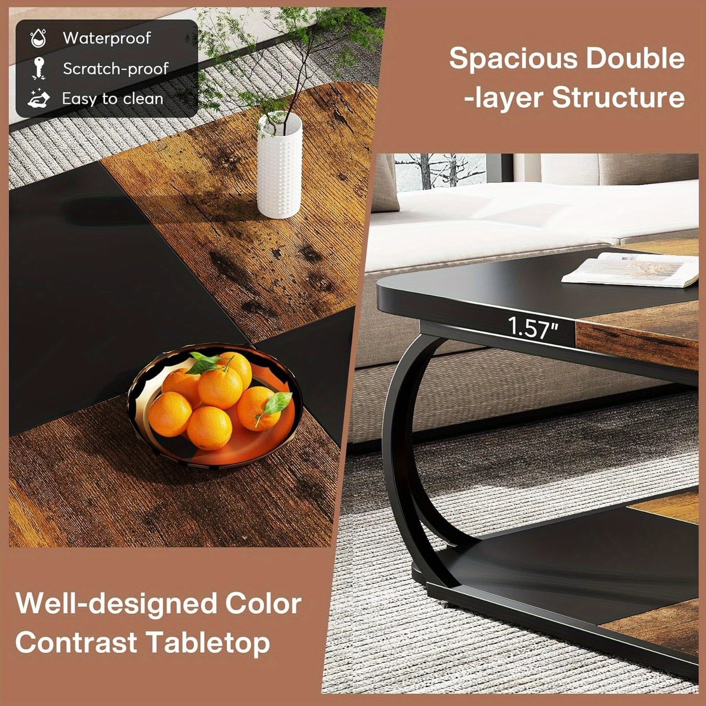 woonkamertafel – salontafel – bijzettafel – woonkamer tafel – salon tafel – vierkant design – 2 opbergniveaus – stevig metalen frame – houtfineer blad – 101,6 cm breed