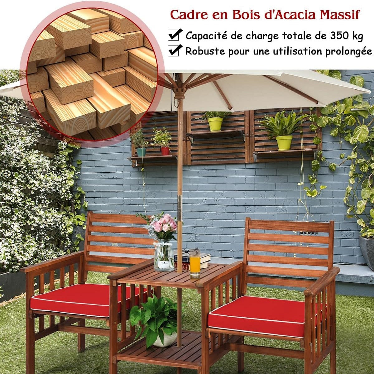 Loveseat Acaciahout – 2-zits Bankje – Buitenbank – Tuinbank – Loungeset – Inclusief Tafel en Kussens – Duurzaam Acaciahout – Parasolgat 5,3 cm